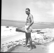 Vintage  Negative B&W Med Format Blonde Man Beach Ocean Swim Trunks #523