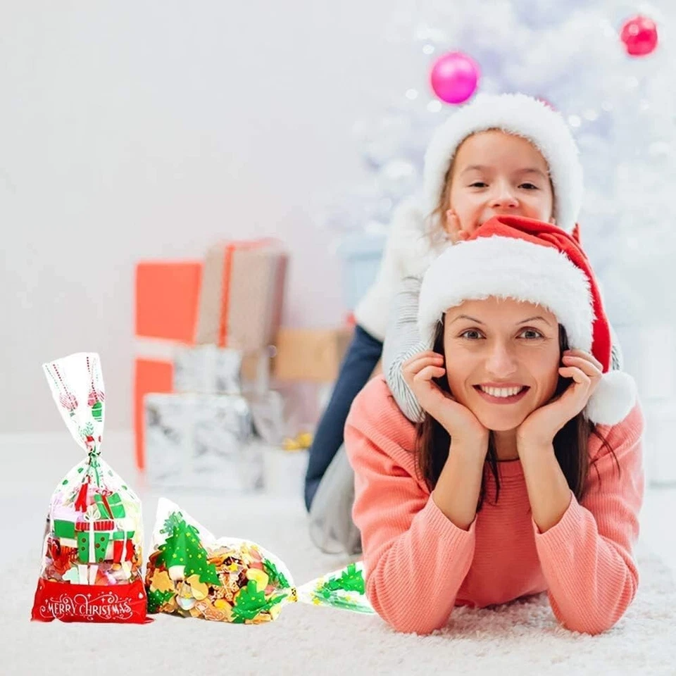 Bolsas de regalo de celofán de Navidad de 200 piezas, bolsas de regalo de cello transparentes de Navidad caramelo... Foto 4 de 4