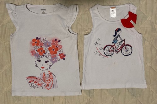 Gymboree Girls Size 5 White Tank Tops Girl w/ Flowers in Hair / Girl Riding Bike - Picture 6 of 9
