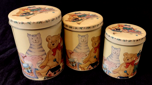 Vtg Set of 3 Nesting Canister Kitchen Tins ~ Xmas Toys Cat & Teddy - Picture 2 of 8