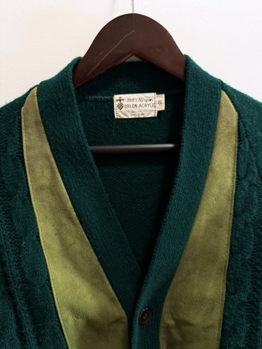 Vintage 60s Men’s Unbranded Acrylic & Leather Green Cardigan Grunge Small - Picture 3 of 17