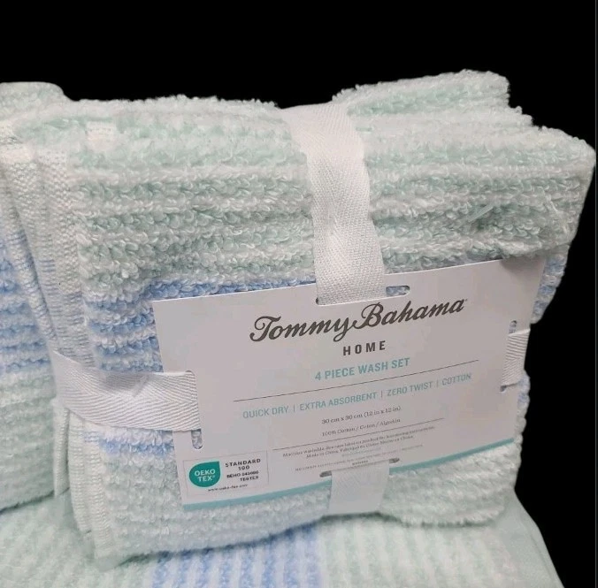 8 件装 Tommy Bahama 周末条纹浴手巾毛巾套装完好蓝色白色 — 第 3/4 张图片