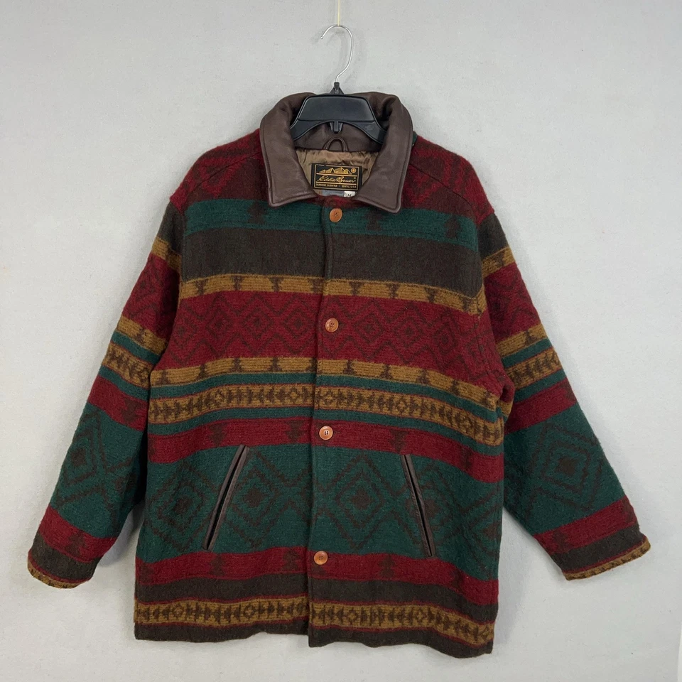 Chaqueta Eddie Bauer Para Hombre Mediana Roja Verde Lana Cuero Cuello Forrado Abrigo Azteca Foto 3 de 4