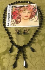FRENCH VICTORIAN 1800s WOMEN NECKLACE & EARRINGS SET ~ FACETED BLACK JET GLASS