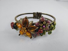 Vintage Rhinestones Enamel Flowers Ladybug Hinged Clamper Cuff Bracelet