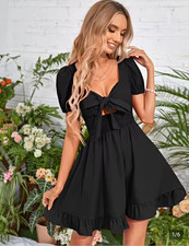 SHEIN Women's Black Fit & Flare Mini Dress V-Neck Puff Sleeve Smocked M