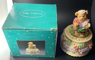 Vintage Ames Hand Painted Teddy Bear & Rabbit Trinket Box Collectibles 4 3/4  A3