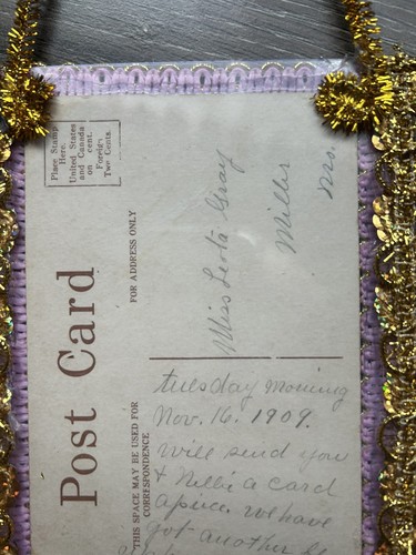 Antique 1909 Victorian Postcard Ornament OOAK Pink Rose Greeting Gold Tassels - Picture 7 of 14