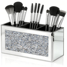 Mirrored Makeup Brush Holder Organizer with Crushed Diamond, 3 Slots