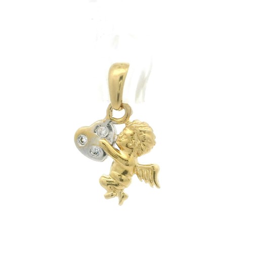 14k Yellow & White Gold Zircon Cherub Angel Holding Heart Charm Pendant - Video 1 of 1