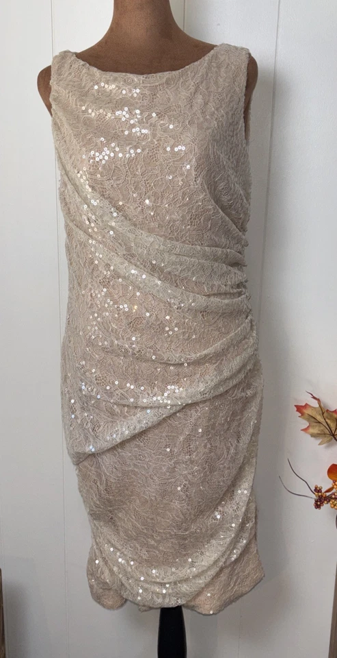 Carmen Marc Valvo женщин желтовато-коричневый блестки обтяжку платье Sz 12 элегантный  - Изображение 2 из 4