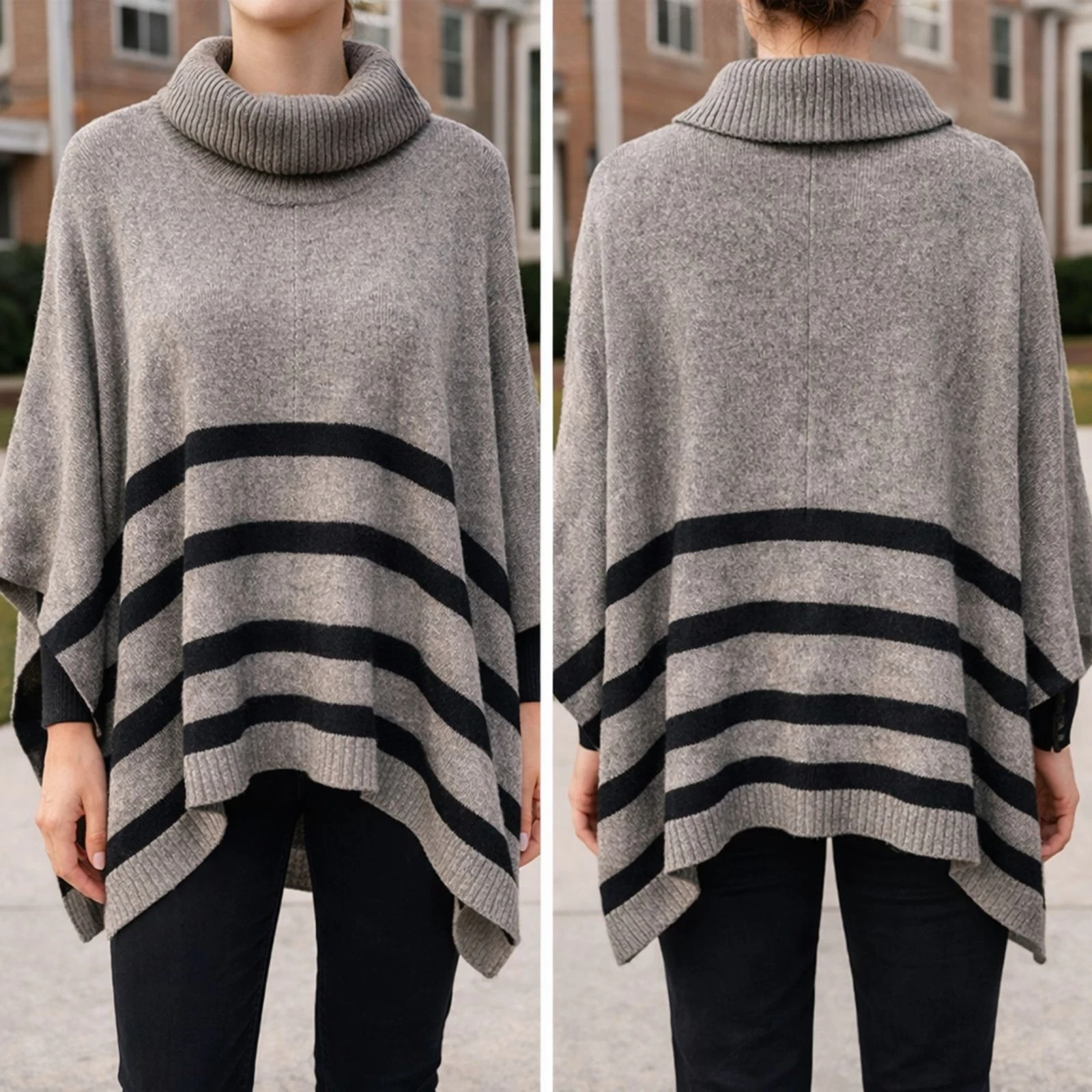 Eileen Fisher Yak Wool Turtleneck Poncho Sweater Gray Striped Cape M/L