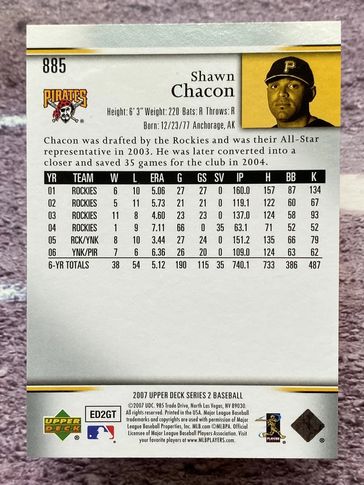 2007 Upper Deck Shawn Chacon #885 Pittsburgh Pirates - Image 2 of 2