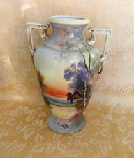 Large Antique Nippon Hand Painted Handled Sinic Vase Maple Leaf Mark Ca 1891-191