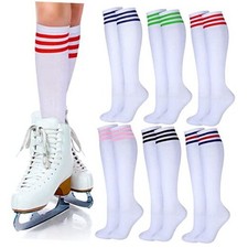 6 Pair White Knee High Socks for Women Girls Striped Tube Socks Roller Skate