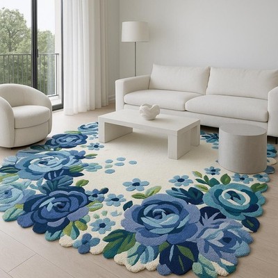 Blau 6 x 9 Fuß Floral Handgetufteter Wollteppich: Moderner Elfenbein Vorleger