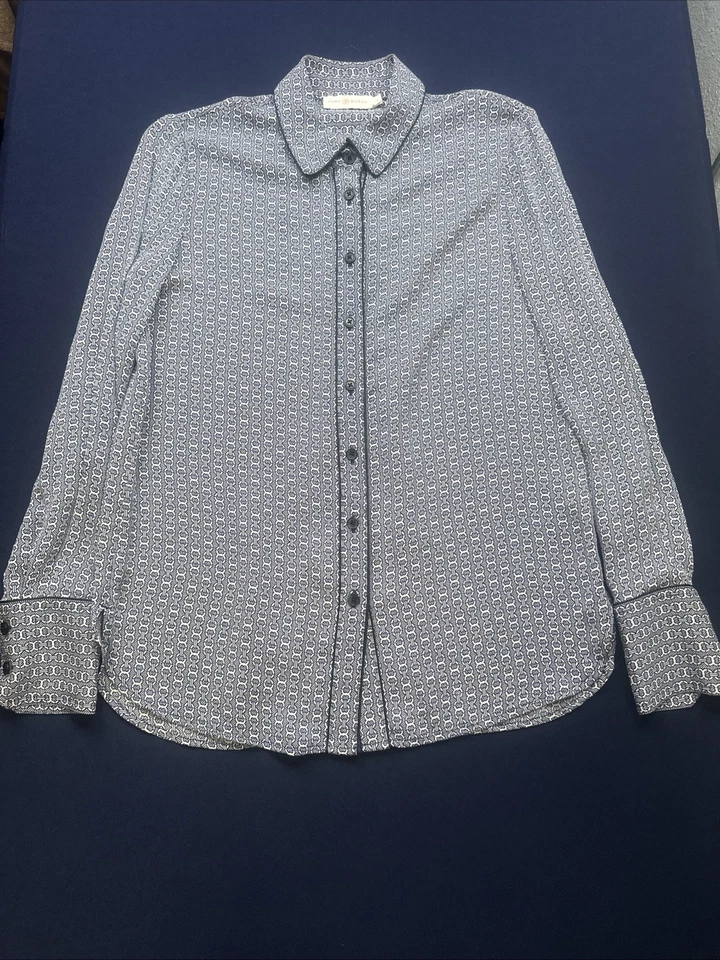 Blusa Tory Burch 100 % seda abotonada talla 2 azul marino clásica a medida de diseñador preppy Foto 2 de 4