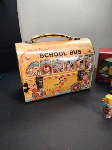 1960s Walt Disney School Bus Metal Aladdin Lunch Box Only W/ Replica Ornament - Picture 3 of 21
