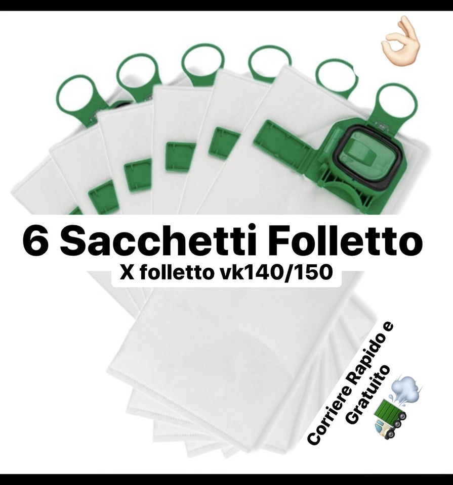 PER VORWERK FOLLETTO KOBOLD VK140 VK150 Sacchetti Folletto Vk140 Vk150 Kobold Per Vorwerk Aspirapolvere Folletto 6 Pz