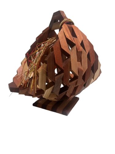 Mid Century Modern Architectural Geometric Wood Block Art Basket Planter Boho