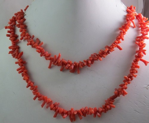 Natural Coral Twig Dyed Red-Orange Necklace 32 Inches Long with 925 Spring Ring - Picture 3 of 4