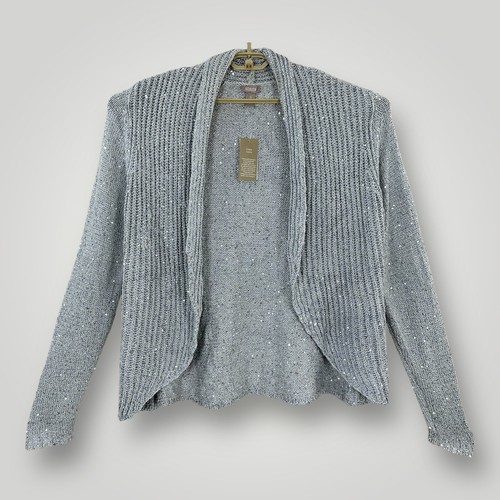 NEW $64 Chicos Corrine Cardigan Silver Sequin Womens XL Long Sleeve Open NWT