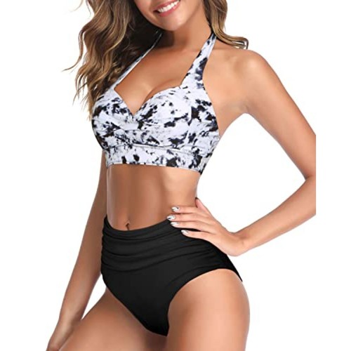 Vintage White Tie Dye Top Retro Halter Ruched High Waist Bikini Sz L - Picture 4 of 9