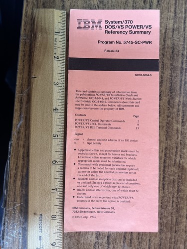 IBM System/370 DOS/VS POWER/VS Referency Summary - Program N0. 5745-SC-PWR