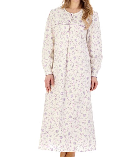 Nightdress Womens Slenderella Floral Brushed Cotton Cuff Sleeve Long Nightie - Picture 25 of 44