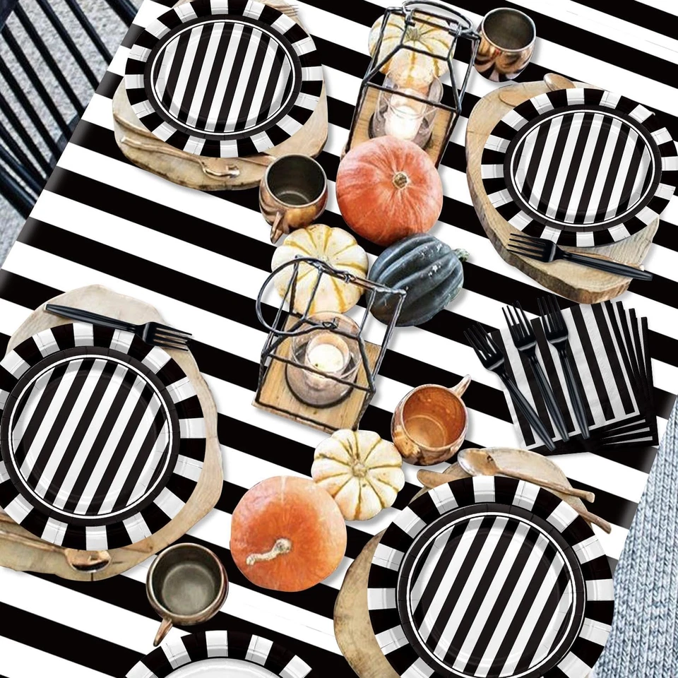 81 Piezas Suministros de Fiesta a Rayas Blanco y Negro Platos y Servilleta Foto 3 de 4