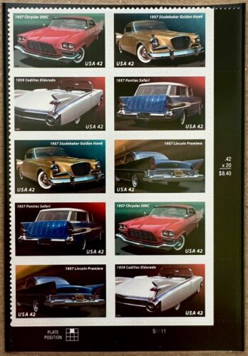 US Scott 4353-4357 42c 2008 50’s Fins & Chrome Plate Block 10-V S1111 VF/XF MNH - Picture 2 of 3