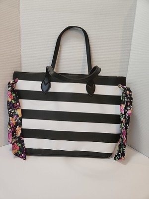 Simply Spring Tote, Black and White Stripes, Large Bag with Bows