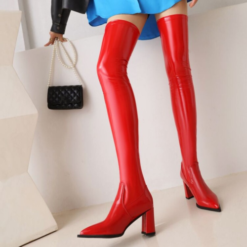 Stivali donna sopra il ginocchio elasticizzati donna alti coscia pull on tacco a blocco moda - Foto 16 di 17