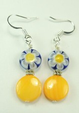 Yellow Mother of Pearl Shell Earrings with Millifiori Flowers Handmade