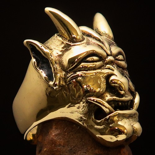 STUNNING MENS SATAN'S BIKER RING HORNED DEVIL FACE SIZE 10 - SOLID BRASS - Picture 3 of 7