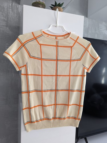 HERMES Tattersall Wolle Seide Top Bluse Sweatshirt Pullover Orange Rutabaga 34 XS S - Bild 2 von 20
