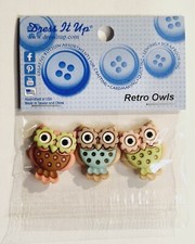 Dress It Up Novelty Buttons - Retro Owls - Craft, Jewellery, Cake Making