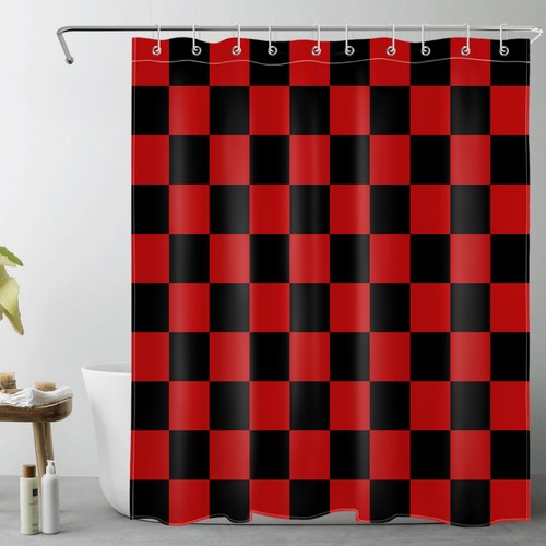 Abstract Checkers Black and Red Checkered Shower Curtain Set for Bathroom Decor - Picture 20 of 23