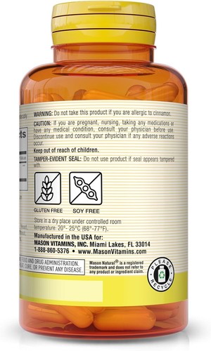 Mason Natural Cinnamon 1000 mg Blood Sugar Metabolism 100 Caps (Pack Of 2 Units) - Picture 5 of 8