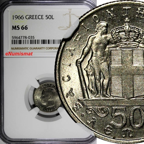 Greece Constantine II Copper-Nickel 1966 50 Lepta NGC MS66 GEM BU KM# 88 (035)