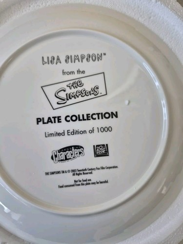 The Simpsons Lisa Limited Edition Collectors Plate #283 W/ COA Series 1 Coalport - Foto 8 di 12