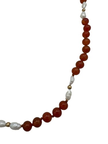 Carnelian Bead Seed Pearl 12GF Gold Filled Knotted Necklace 22” - Picture 2 of 3