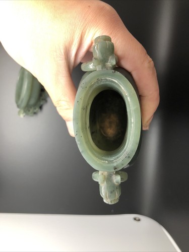 Antique Chinese Spinach Jade Vase 6”Qing Dynasty  W/ Wood Stand和田碧玉 - Picture 3 of 5