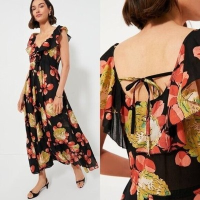 The Great NEW Cabbage Rose Print The Geranium Dress Black Floral Maxi Dress S