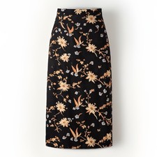 Vintage Effect Floral Midi Skirt Black Peach Tan Size M USA Made High Waist