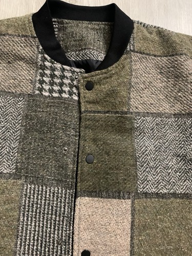 Men's Plaid patch work Wool Blend Bomber Jacket Green/black/ brown Size Large - Picture 2 of 8