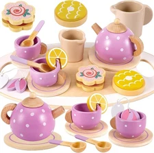 Wooden Tea Party Set for Toddler Little Girls 3-5 with Teapot Tea Cup Set Woo...