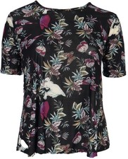Black Floral Print Round Neck Stretch TShirt Swing Sheer Top Short Sleeve Ladies