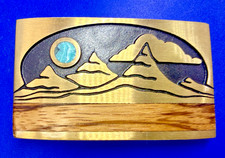 Exotic Mixed Wood Turquoise Moon Inlay Mountains Belt Buckle Signed Kenneth Reid