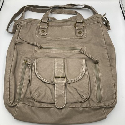 MUDD Kenny Tote L Crossbody Hobo Double Handle Book Bag Faux Leather Purse Taupe